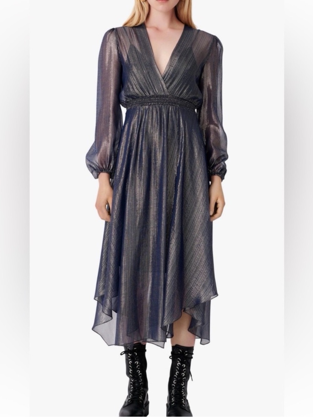 Maje Metallic Navy High-Low V-Neck Midi Dress Size 42 10/12 NWT Beautiful!